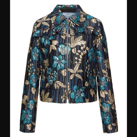 $2250 PRADA 2018 Black Embroidered Silk Floral Brocade Zip Ruffle Jacket IT 38/2 - Picture 3 of 14